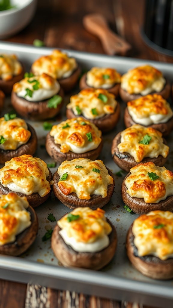 A tray of savory stuffed mushrooms topped with breadcrumbs and parsley, ready to be served.